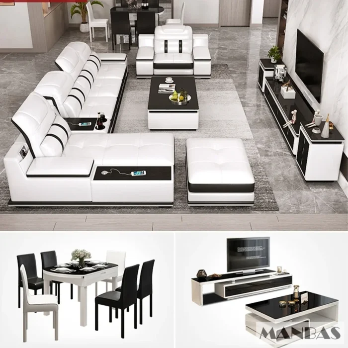 Modern Genuine Leather Sofa Living Room By MANBAS - Stylish Italian Couch with Bluetooth Speaker, USB & Adjustable Headrests - 图片 4