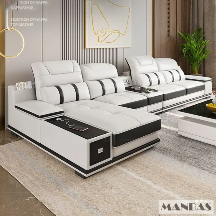 Modern Genuine Leather Sofa Living Room By MANBAS - Stylish Italian Couch with Bluetooth Speaker, USB & Adjustable Headrests - 图片 3