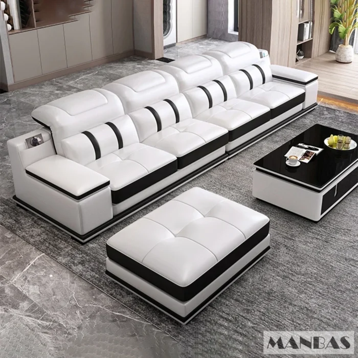 Modern Genuine Leather Sofa Living Room By MANBAS - Stylish Italian Couch with Bluetooth Speaker, USB & Adjustable Headrests - 图片 2
