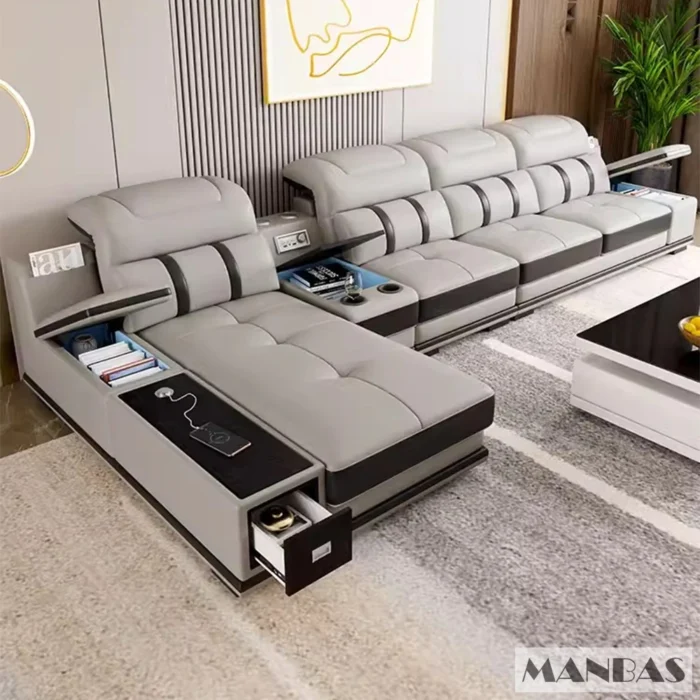Modern Genuine Leather Sofa Living Room By MANBAS - Stylish Italian Couch with Bluetooth Speaker, USB & Adjustable Headrests - 图片 5