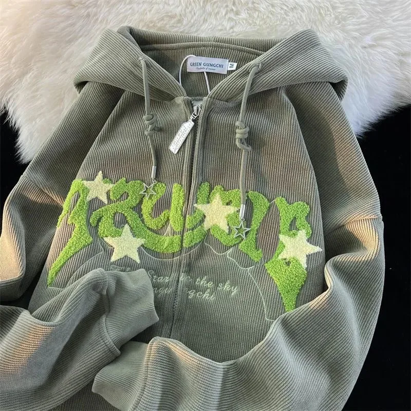 Fashion Embroidery Zip Up Hoodies Women Autumn Long Sleeve Tops Loose Hood Shirt Harajuku Y2K Clothes Female Sweatshirt Jacket - 图片 2