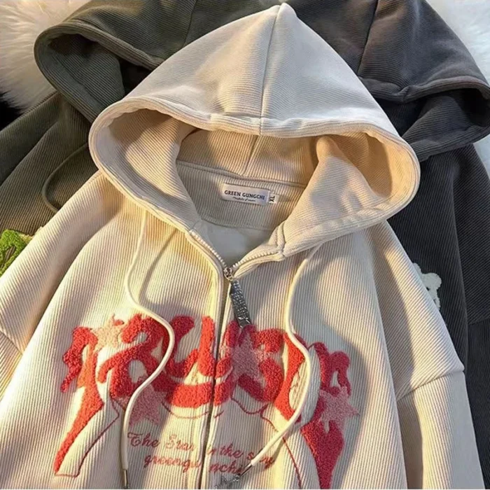 Fashion Embroidery Zip Up Hoodies Women Autumn Long Sleeve Tops Loose Hood Shirt Harajuku Y2K Clothes Female Sweatshirt Jacket - 图片 4