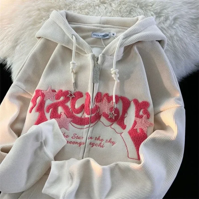 Fashion Embroidery Zip Up Hoodies Women Autumn Long Sleeve Tops Loose Hood Shirt Harajuku Y2K Clothes Female Sweatshirt Jacket - 图片 3